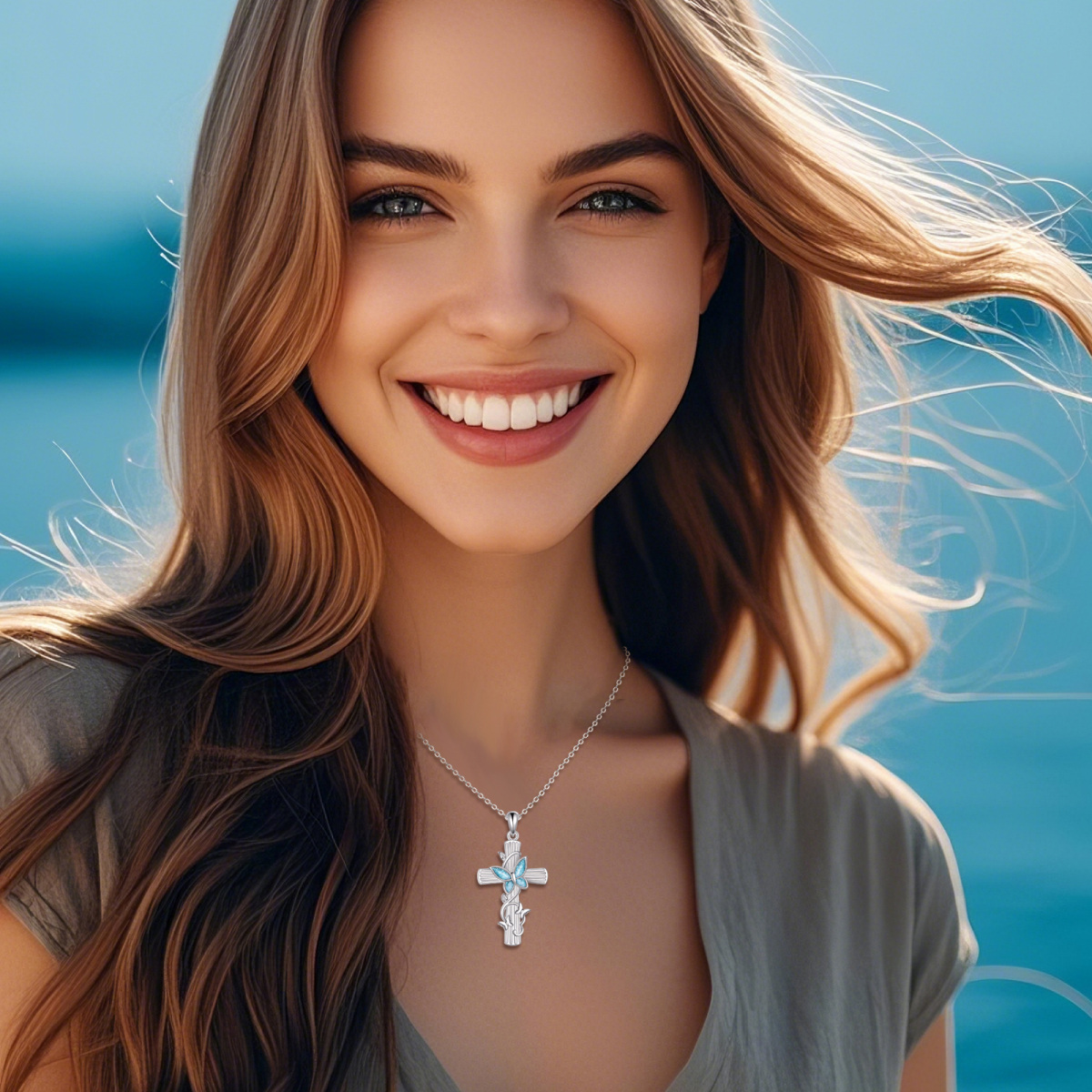 14K White Gold Turquoise Butterfly & Cross Pendant Necklace-2