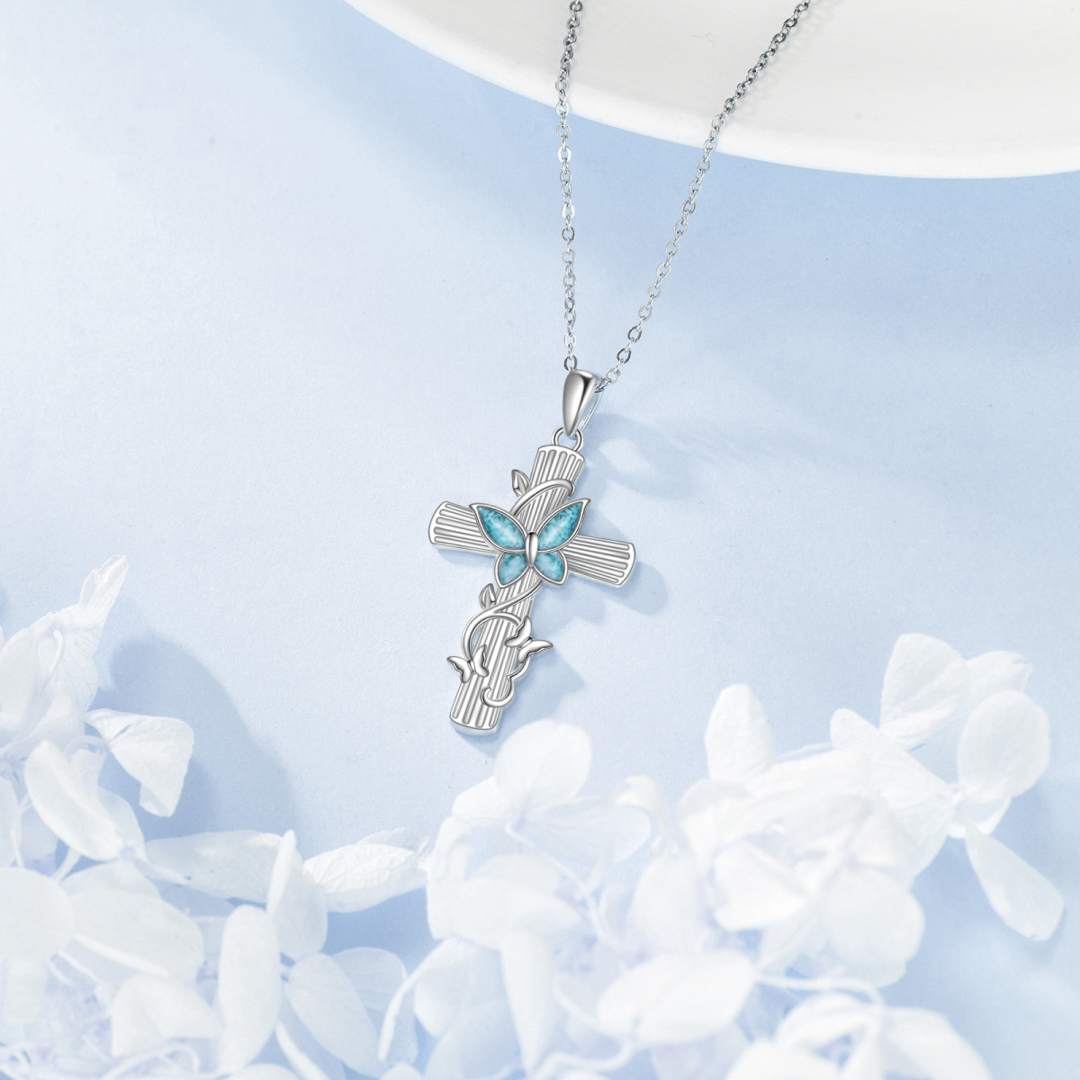 14K White Gold Turquoise Butterfly & Cross Pendant Necklace-3