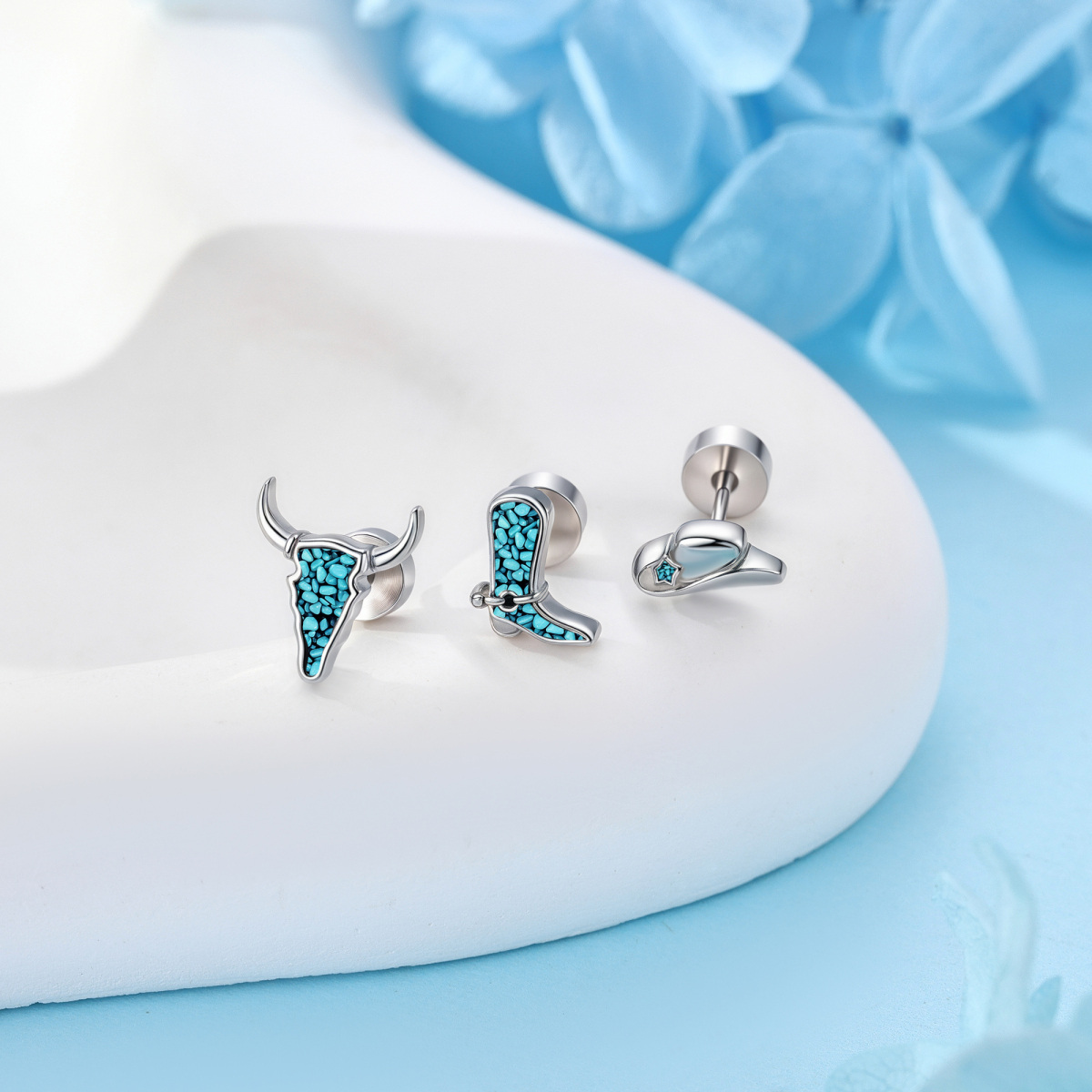 14K White Gold Turquoise Cow Stud Earrings-2