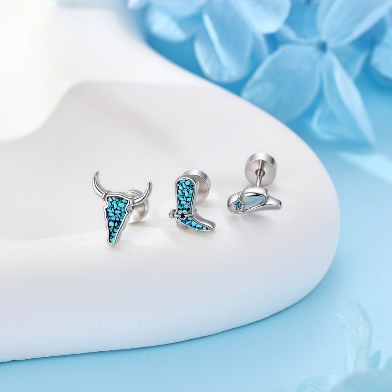 Pendientes de botón de vaca con turquesa en oro blanco de 10 quilates-2
