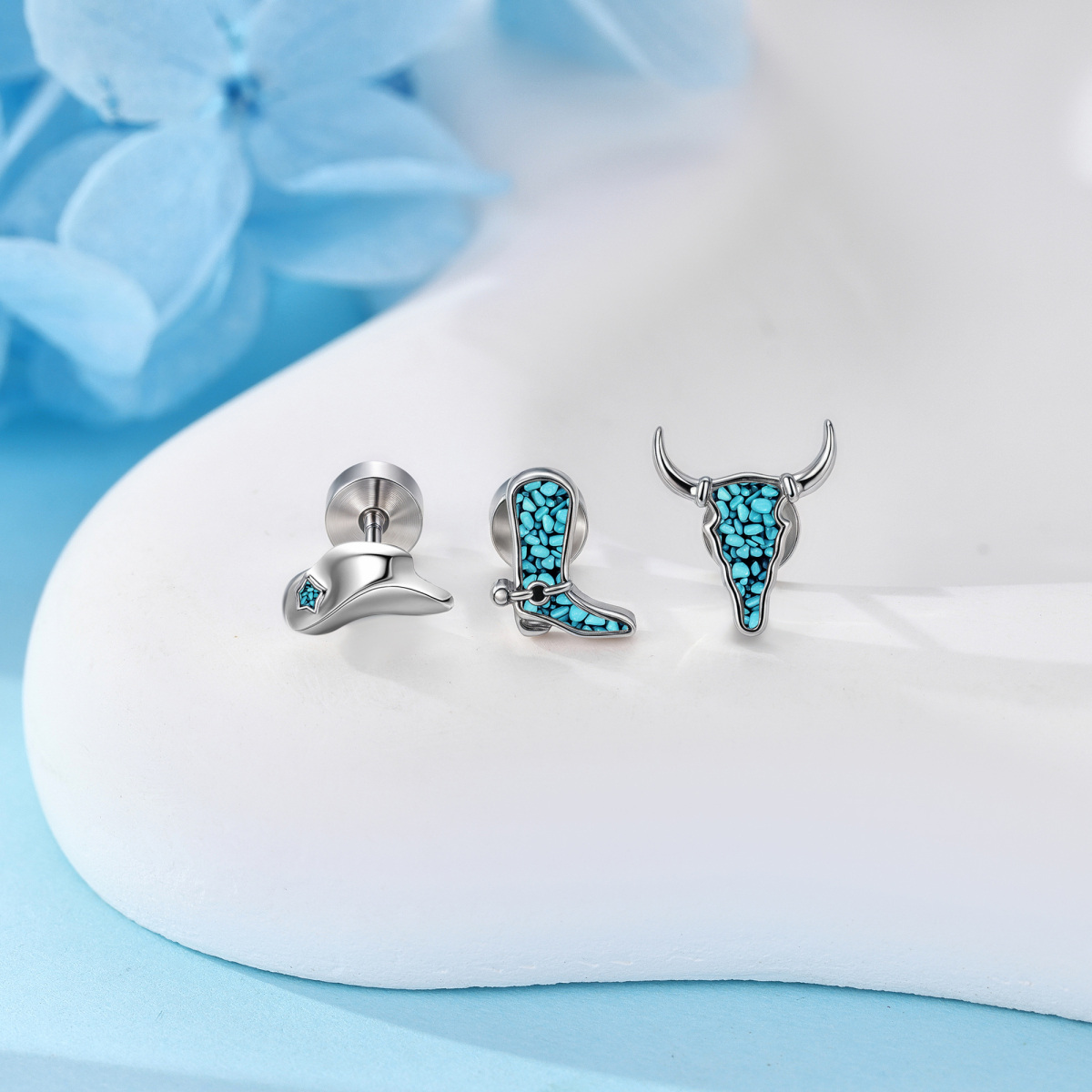 14K White Gold Turquoise Cow Stud Earrings-3