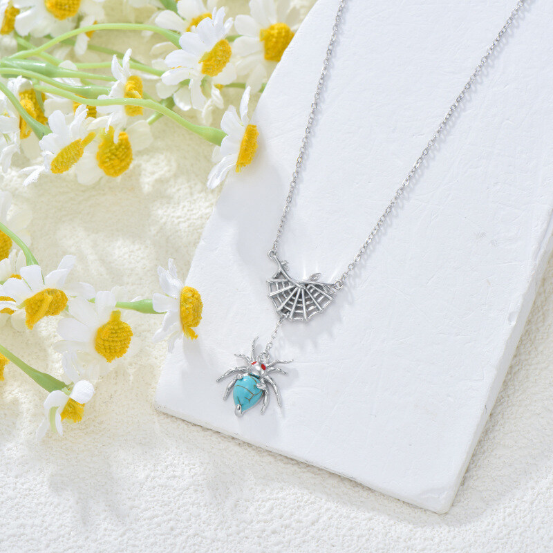 قلادة متدلية على شكل عنكبوت من الفيروز والذهب الأبيض عيار 14 قيراطًا-4