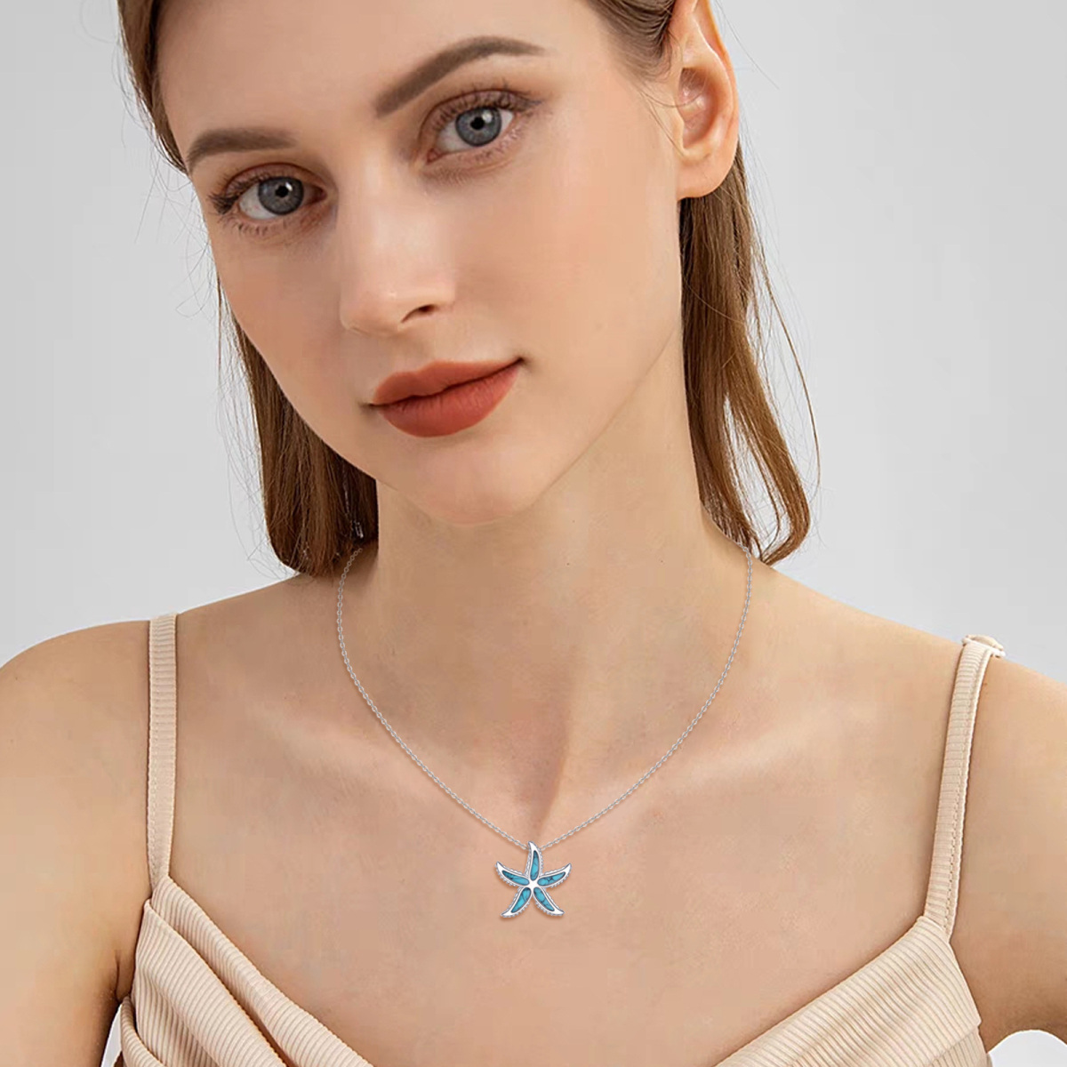 14K White Gold Turquoise Starfish Pendant Necklace-2