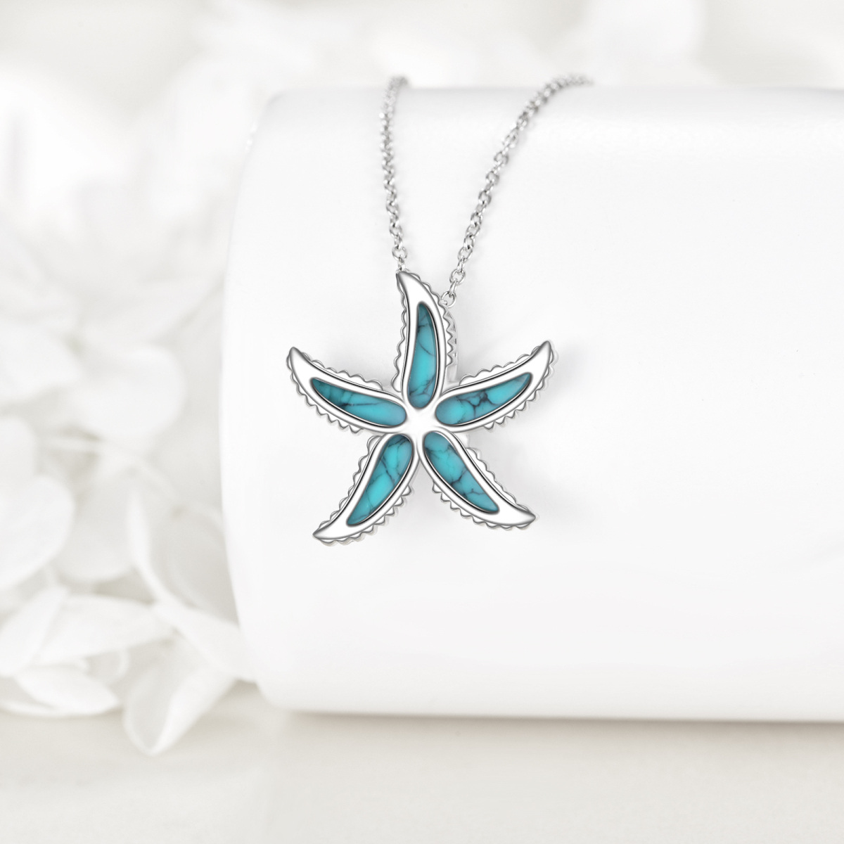 14K White Gold Turquoise Starfish Pendant Necklace-3