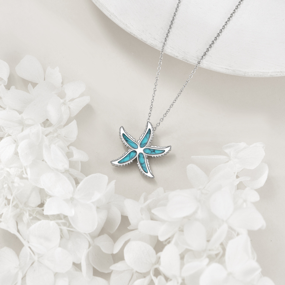 Sterling Silver Turquoise Starfish Pendant Necklace-4