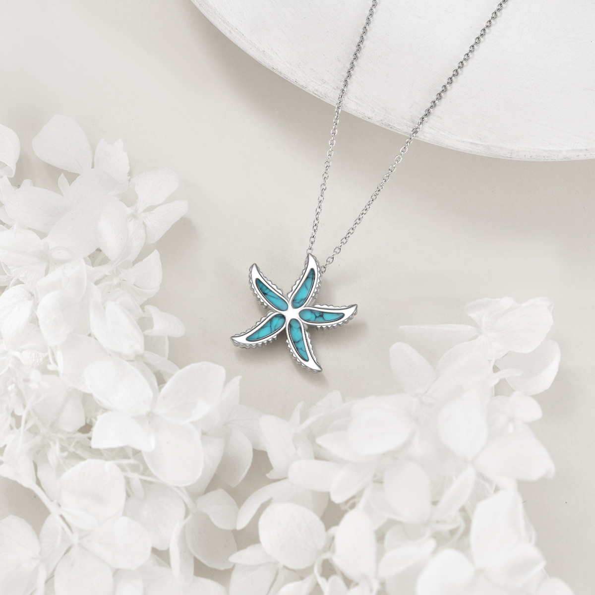 14K White Gold Turquoise Starfish Pendant Necklace-4