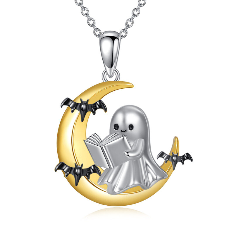 Collar colgante de murciélago, luna y fantasma en oro blanco y oro amarillo 14K-6