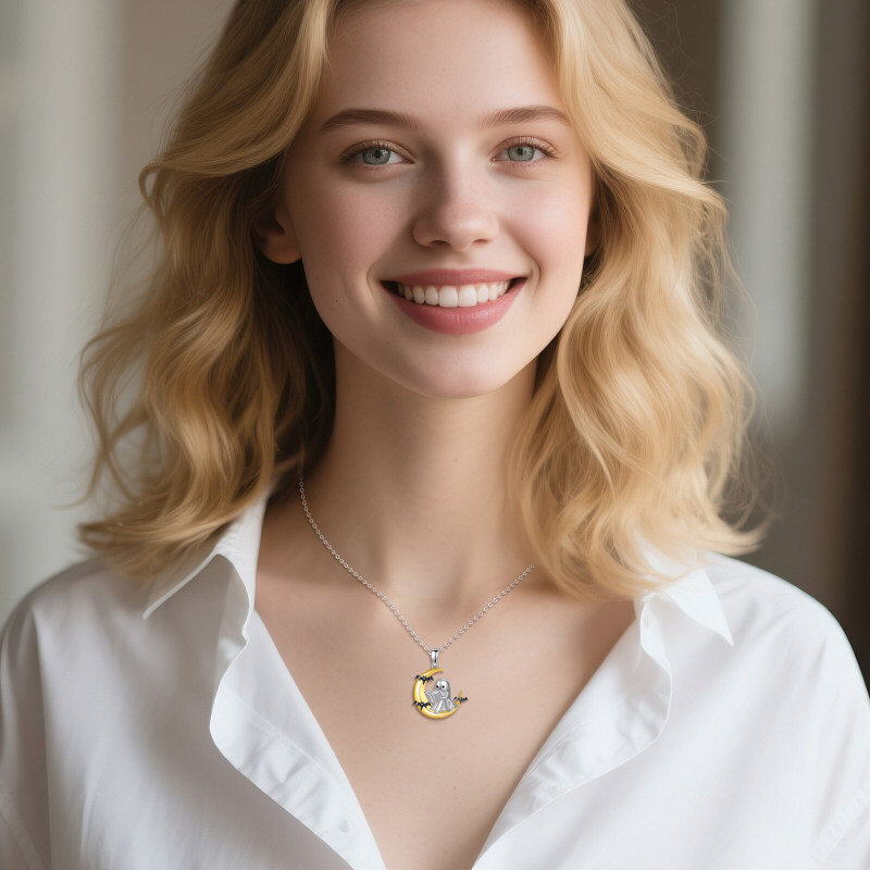 14K White Gold & Yellow Gold Bat & Moon & Ghost Pendant Necklace-2