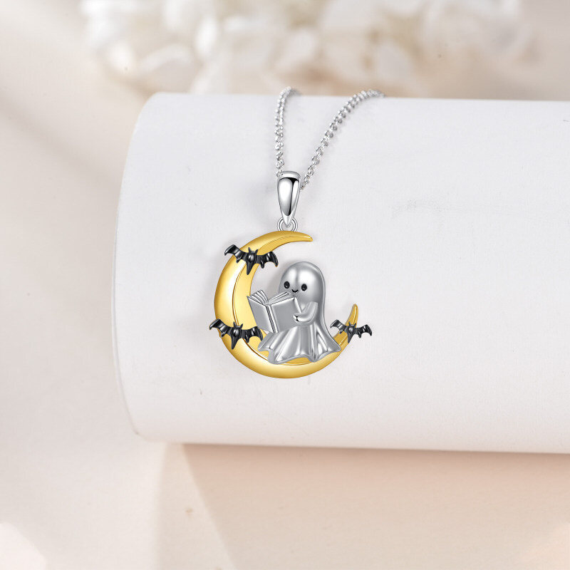 14K White Gold & Yellow Gold Bat & Moon & Ghost Pendant Necklace-4