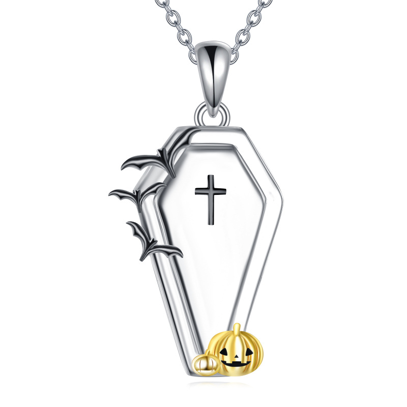 14K White Gold & Yellow Gold Bat & Pumpkin & Cross Pendant Necklace-11