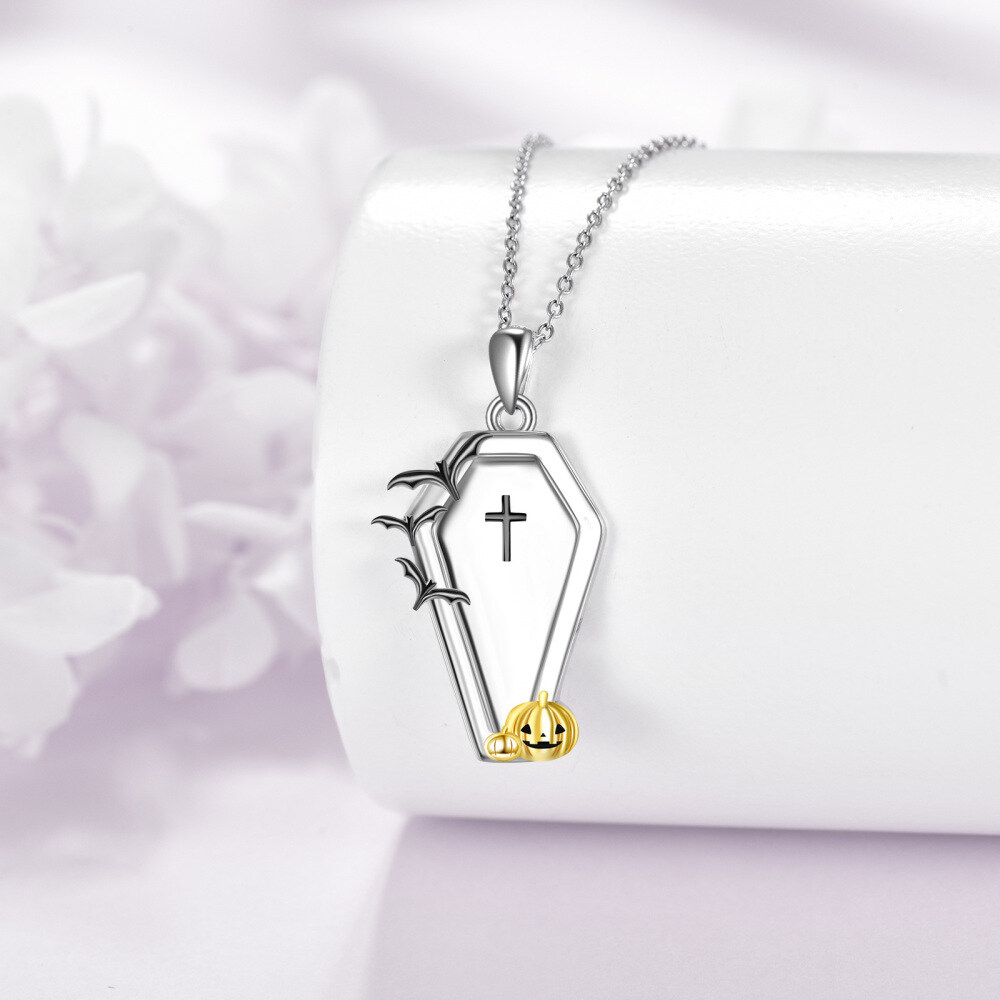 14K White Gold & Yellow Gold Bat & Pumpkin & Cross Pendant Necklace-3