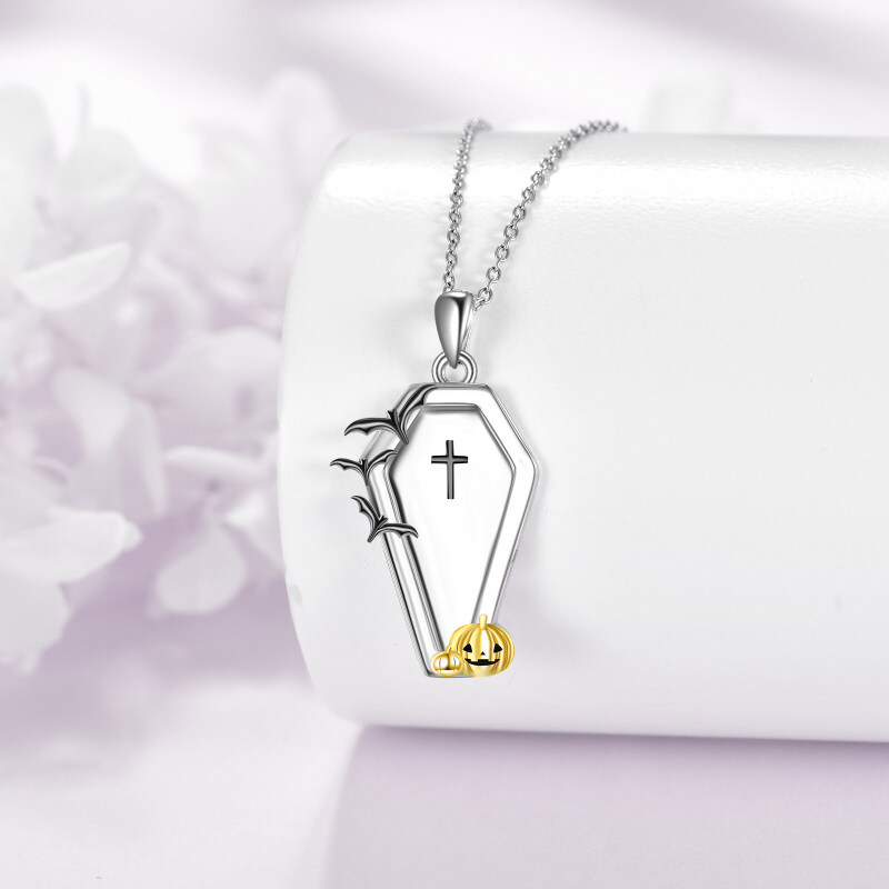 قلادة بحلية خفاش وقرع وصليب من الذهب الأبيض عيار 14K والذهب الأصفر-3