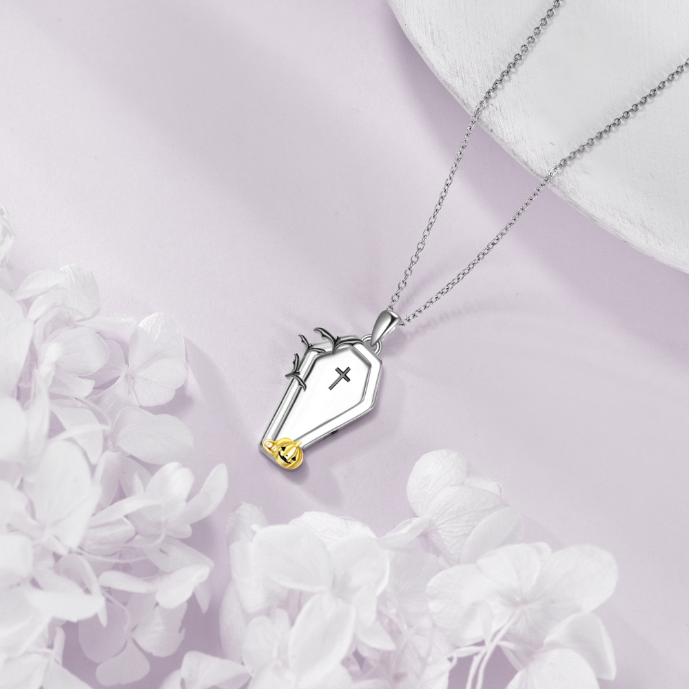 14K White Gold & Yellow Gold Bat & Pumpkin & Cross Pendant Necklace-4