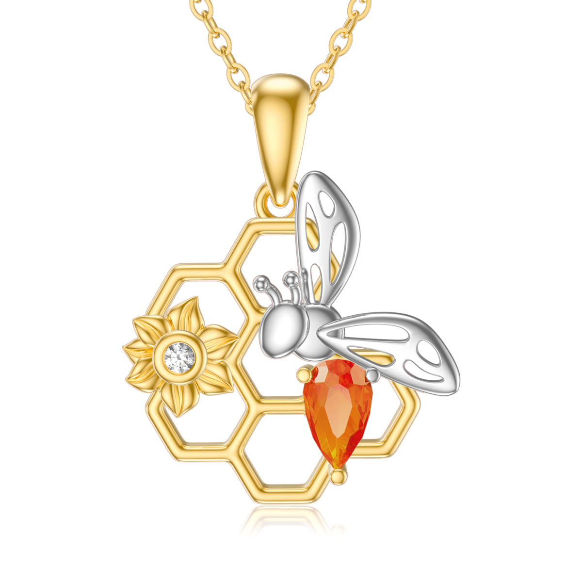 14K White Gold & Yellow Gold Drop Cubic Zirconia Bee & Sunflower With Honeycomb Pendant Necklace-1