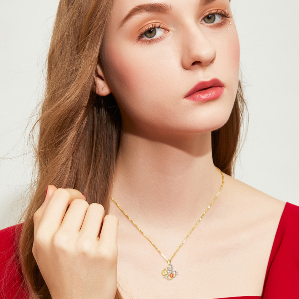 10K White Gold & Yellow Gold Drop Cubic Zirconia Bee & Sunflower With Honeycomb Pendant Necklace-2