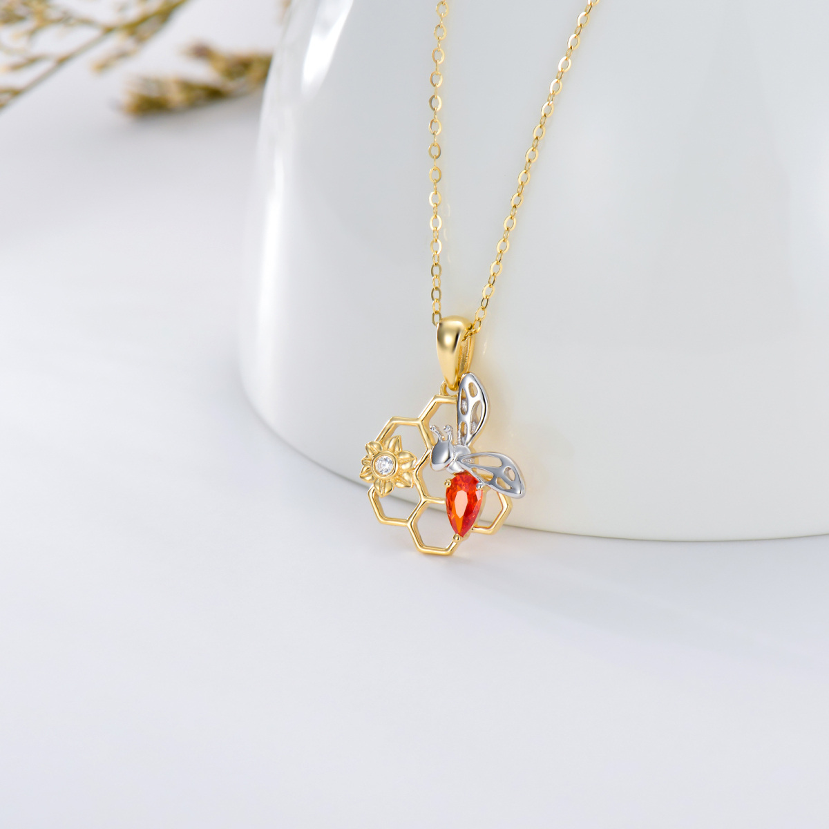 14K White Gold & Yellow Gold Drop Cubic Zirconia Bee & Sunflower With Honeycomb Pendant Necklace-3