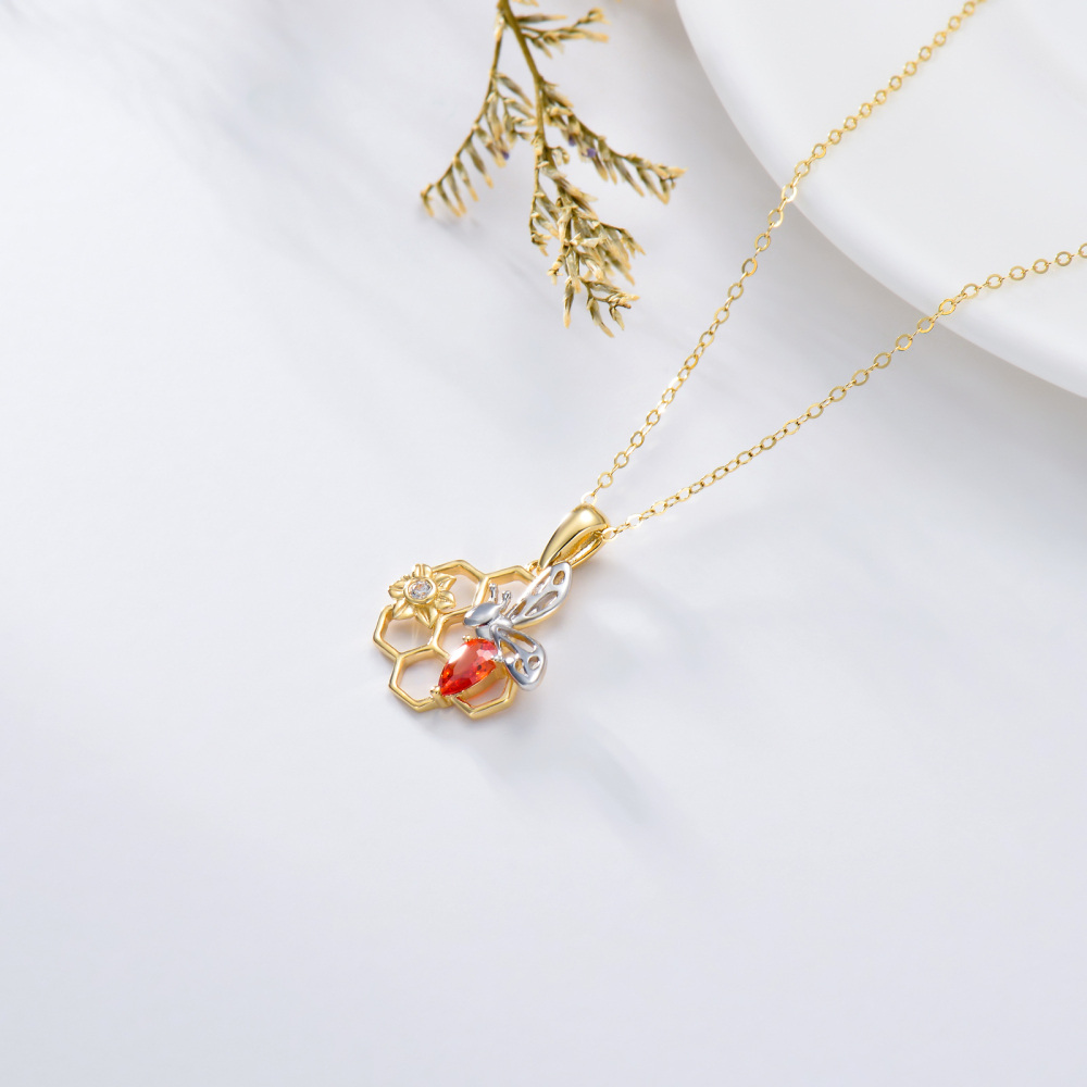 10K White Gold & Yellow Gold Drop Cubic Zirconia Bee & Sunflower With Honeycomb Pendant Necklace-4
