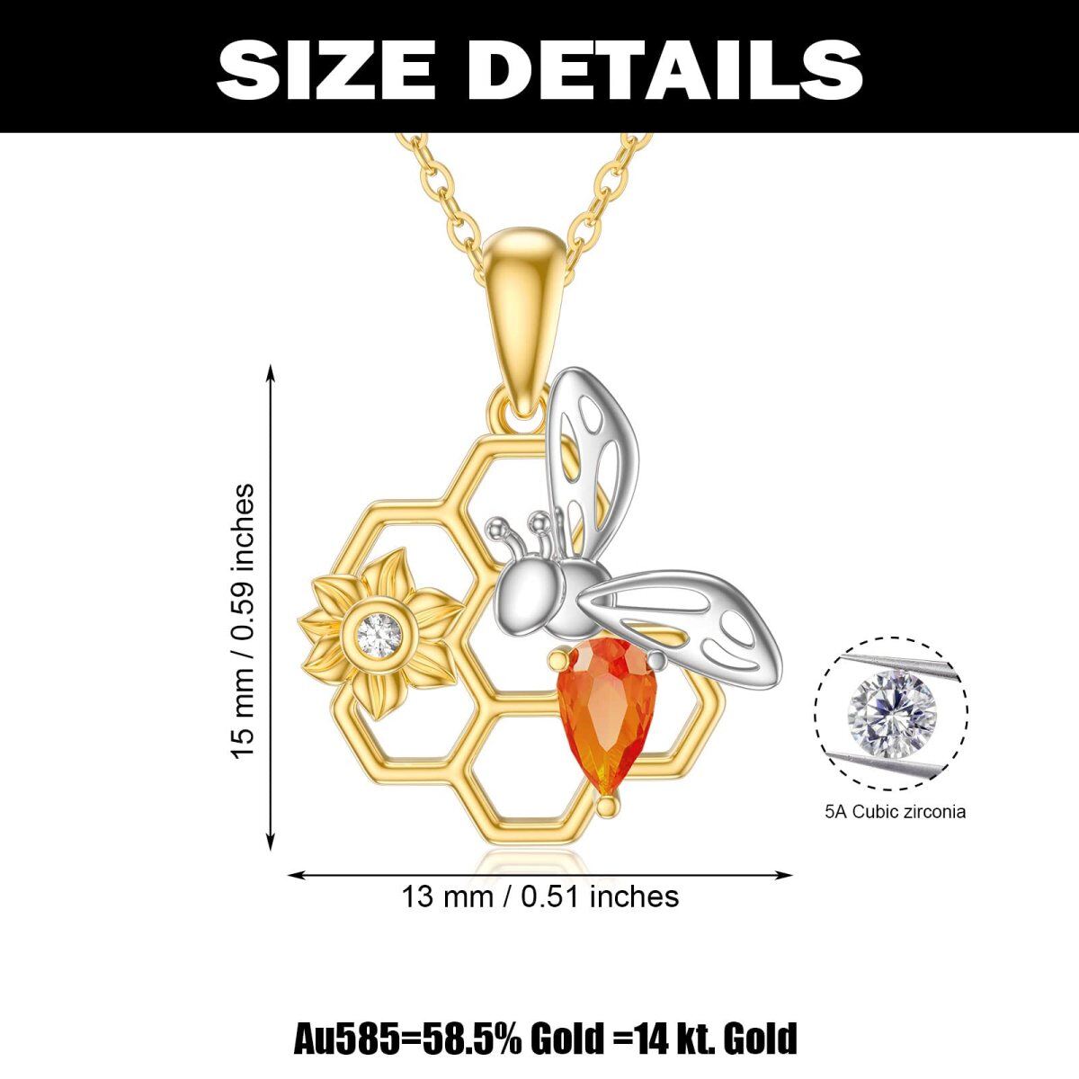 14K White Gold & Yellow Gold Drop Cubic Zirconia Bee & Sunflower With Honeycomb Pendant Necklace-5