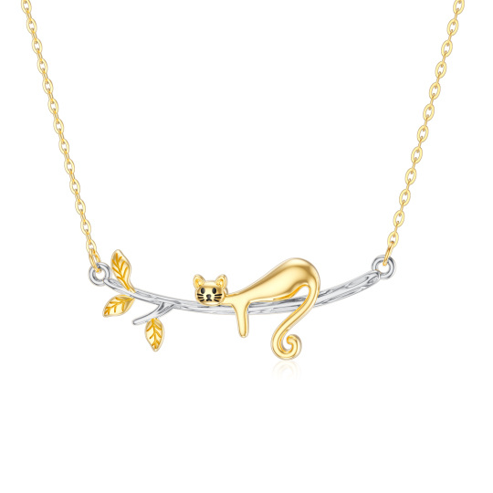 Colar delicado com pingente de gato em ouro branco e amarelo 14K