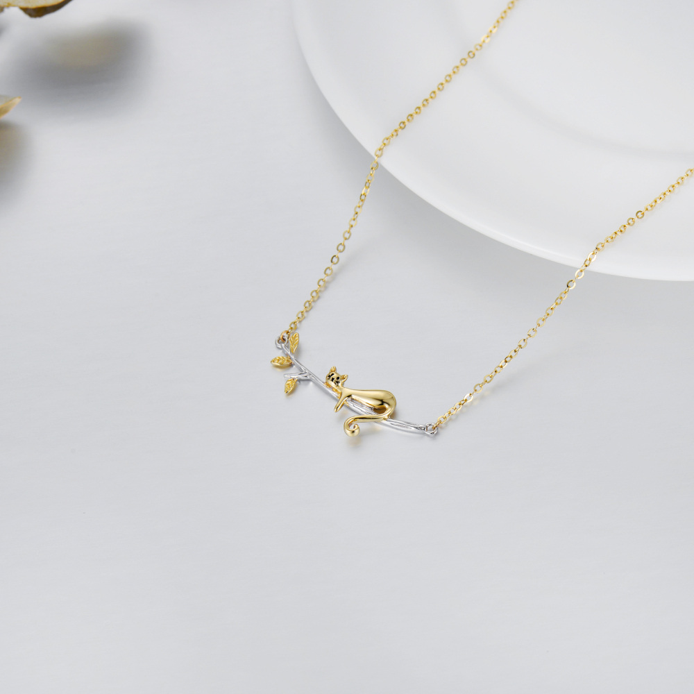 10K White & Yellow Gold Cat Dainty Pendant Necklace-4