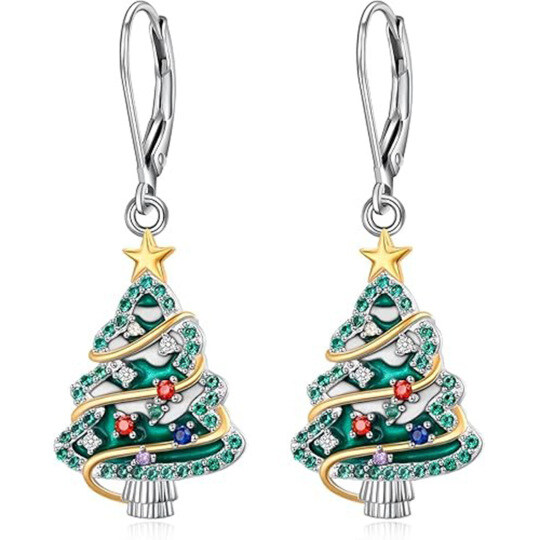 14K White Gold & Yellow Gold Cubic Zirconia Christmas Tree Drop Earrings