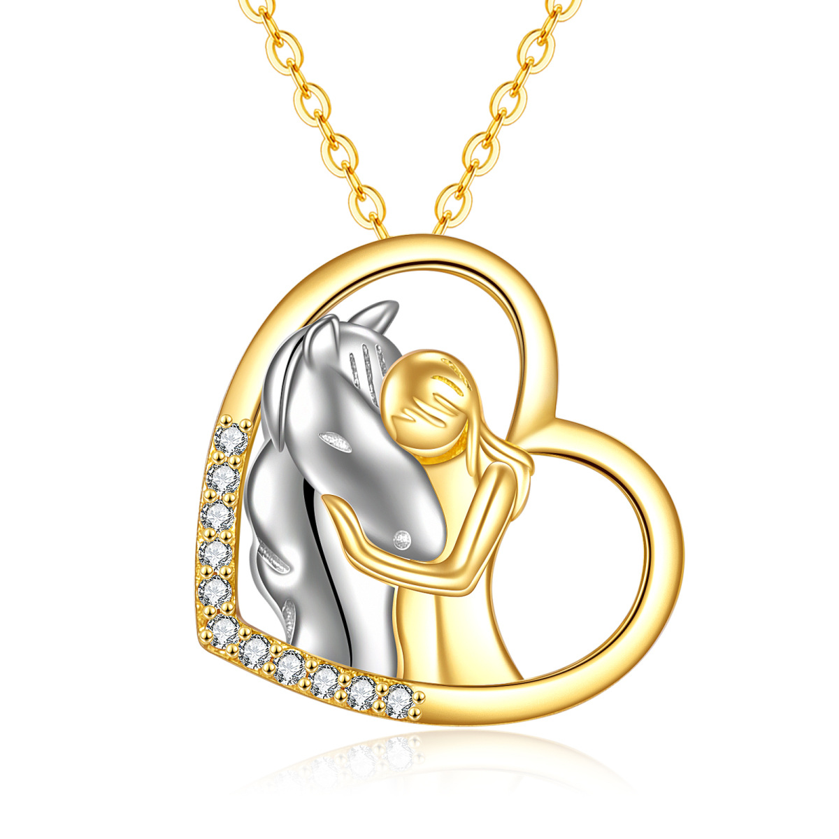 14K gouden tweekleurige cirkelvormige zirkonia-ketting met paarden- en harthanger voor dames-1