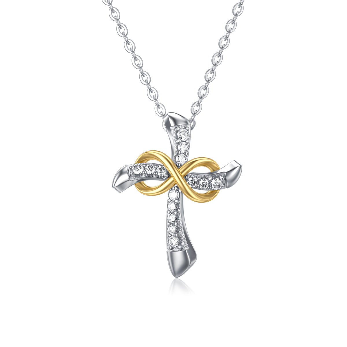 Collier avec pendentif circulaire en moissanite bicolore en or 14 carats avec croix et symbole de l'infini pour femme-1