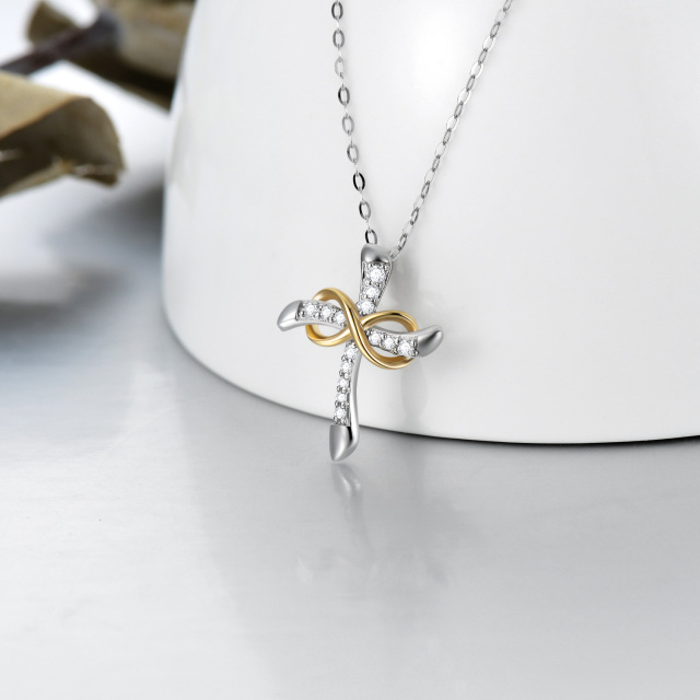 14K White Gold & Yellow Gold Circular Shaped Moissanite Cross & Infinity Symbol Pendant Necklace-3