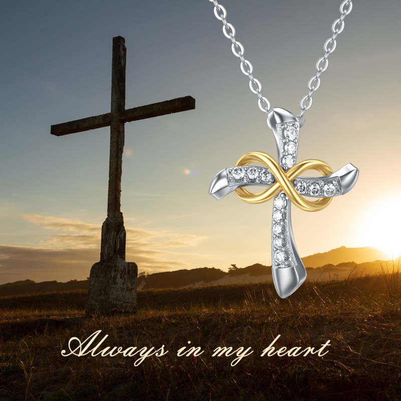 18K Gold Two-Tone Circular Moissanite Cross & Infinity Symbol Pendant Necklace For Women-5