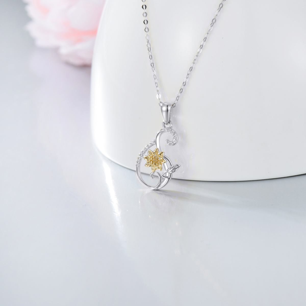 Collier avec pendentif circulaire en moissanite et tournesol en or 14 carats bicolore pour femme-3