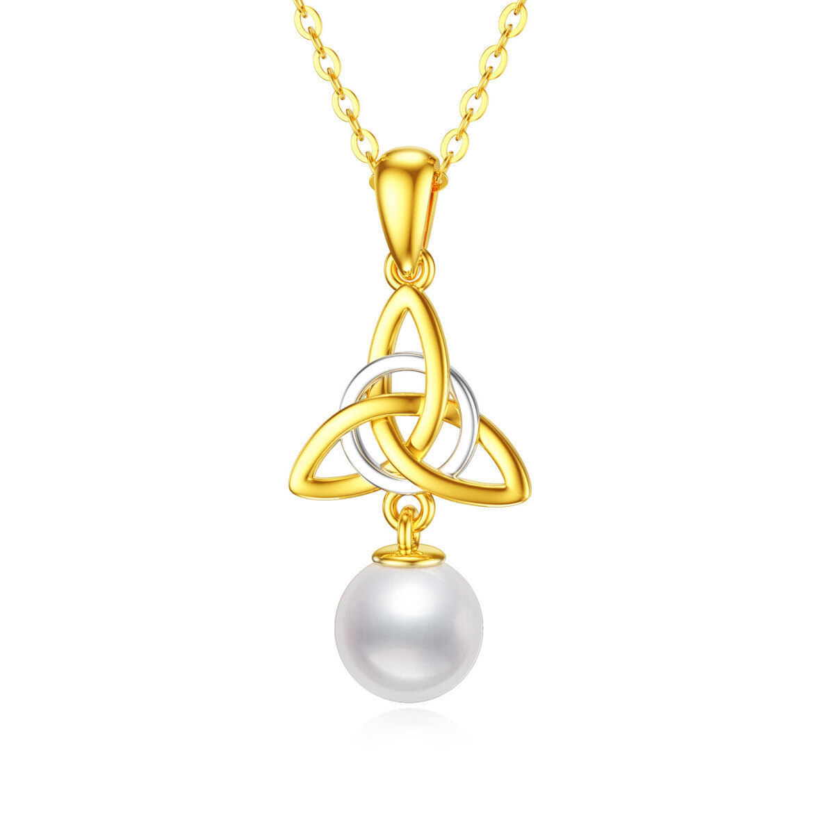 Collier avec pendentif en forme de nœud celtique et de perles circulaires bicolores en or blanc 14 carats pour femmes, meilleurs amis-1