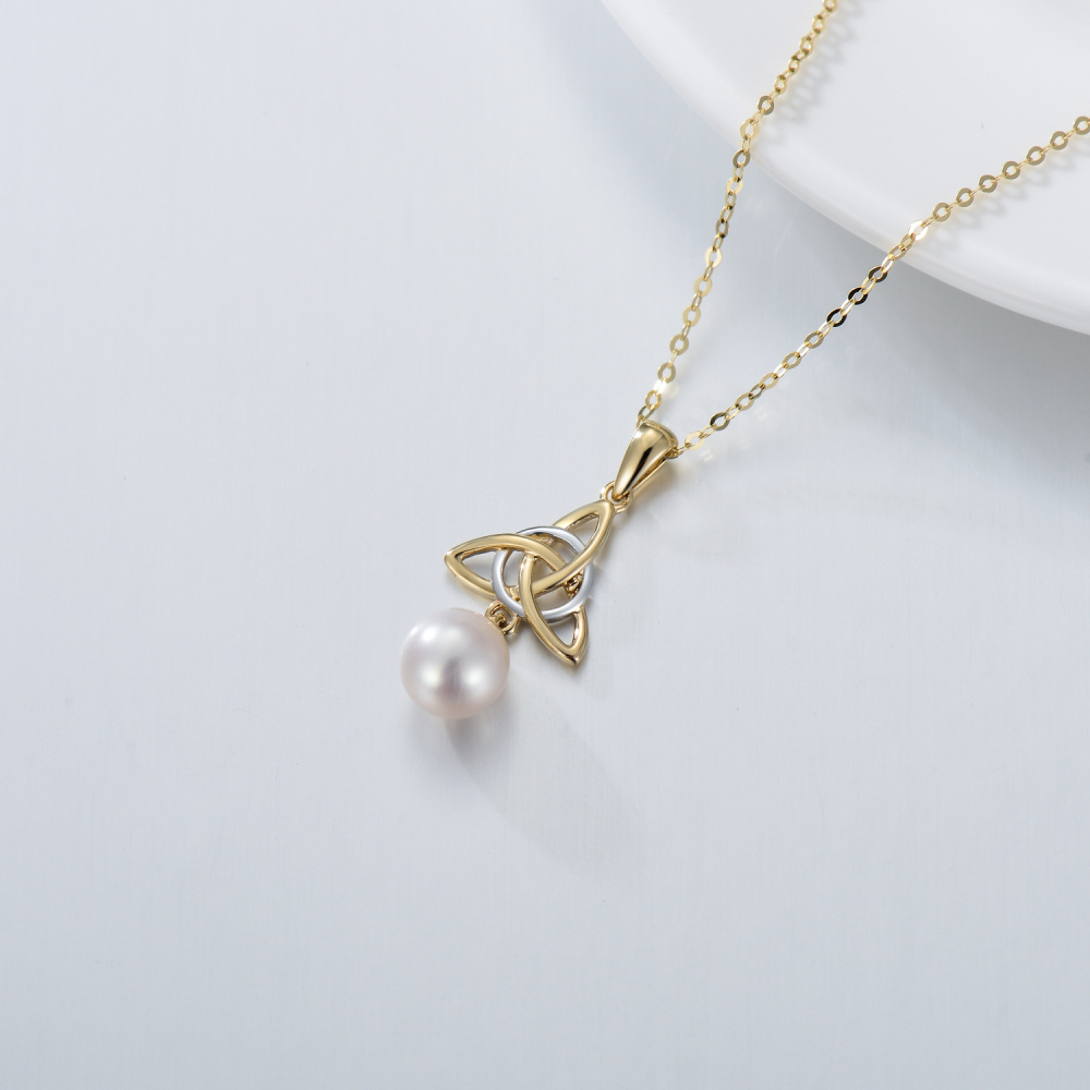 10K White Gold Two-Tone Circular Pearl Celtic Knot Pendant Necklace For Women Best Friends-4