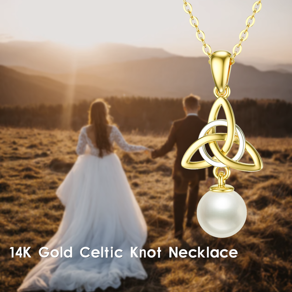 10K White Gold Two-Tone Circular Pearl Celtic Knot Pendant Necklace For Women Best Friends-5