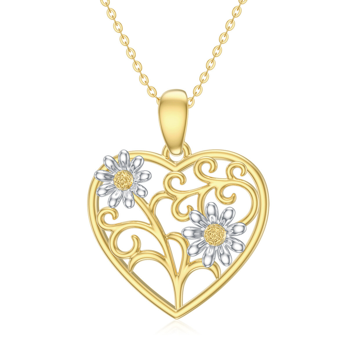 10K White Gold & Yellow Gold Couple Flower Pendant Necklace For Women-1