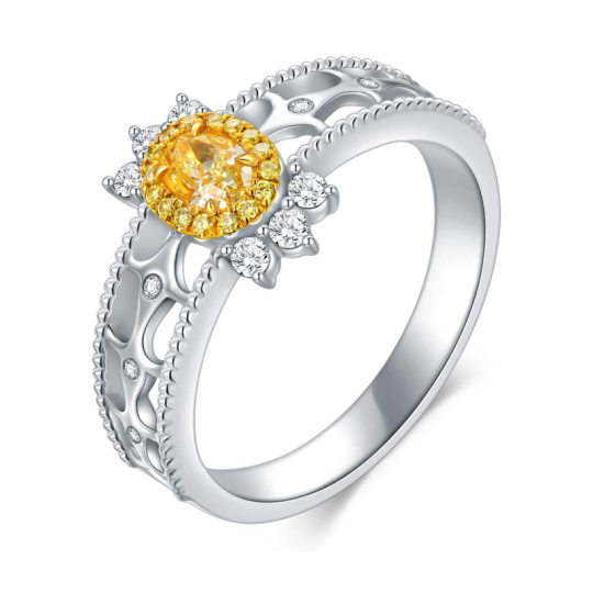 Anillo de compromiso con corona grabada personalizada en oro blanco de 14 quilates con taladro amarillo para mujer