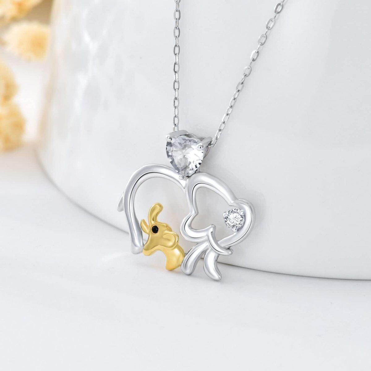 14K White Gold & Yellow Gold Cubic Zirconia Elephant Pendant Necklace-3