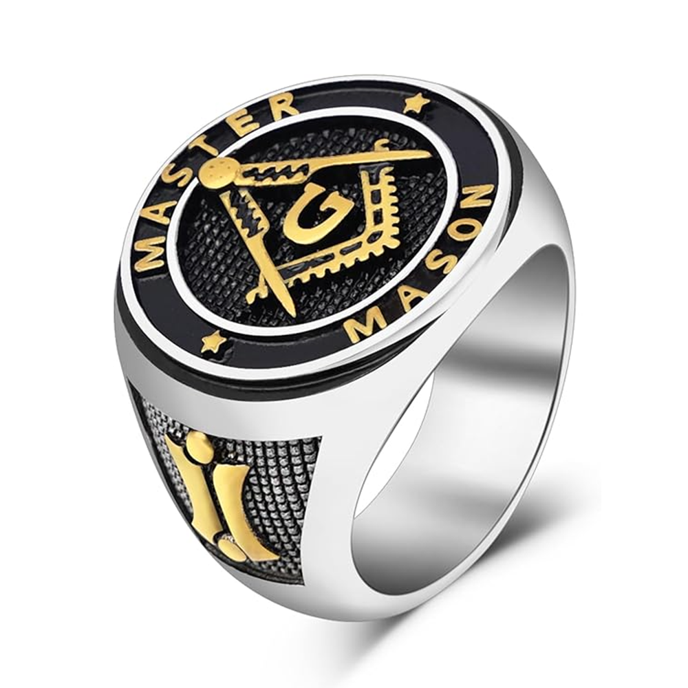 10K White Gold & Yellow Gold Freemason Signet Ring for Men-1
