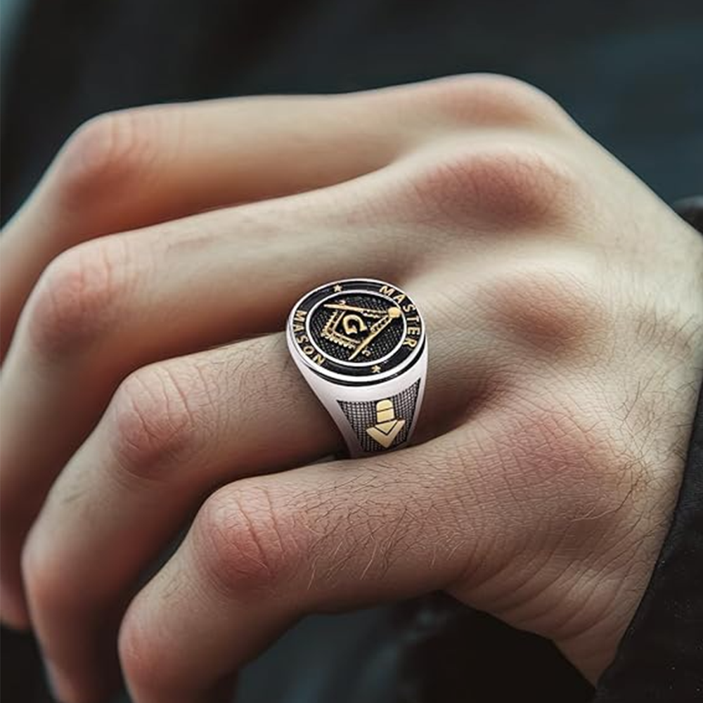10K White Gold & Yellow Gold Freemason Signet Ring for Men-2