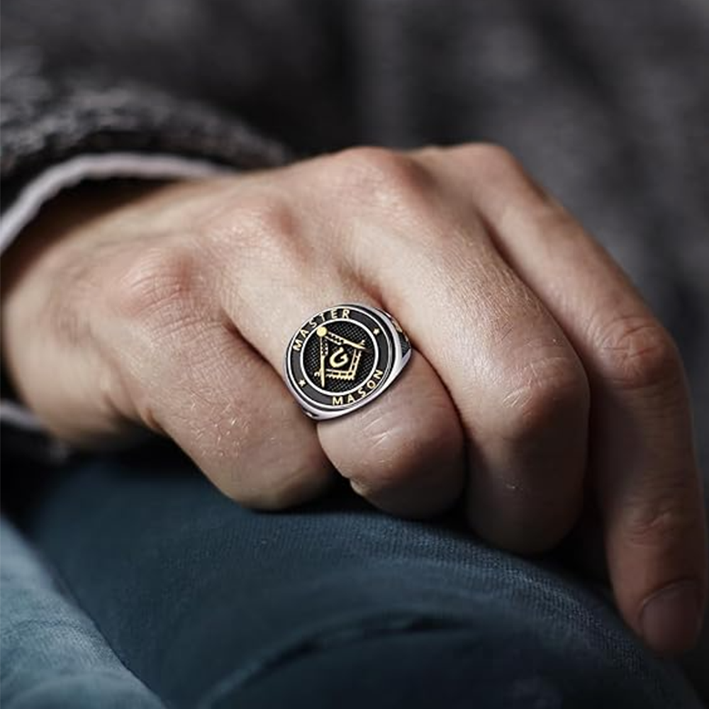 10K White Gold & Yellow Gold Freemason Signet Ring for Men-3