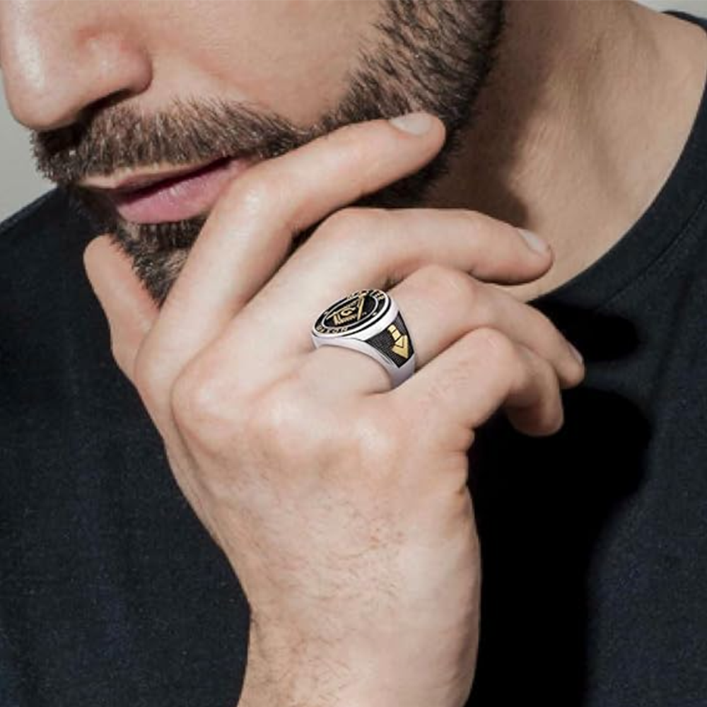 10K White Gold & Yellow Gold Freemason Signet Ring for Men-4