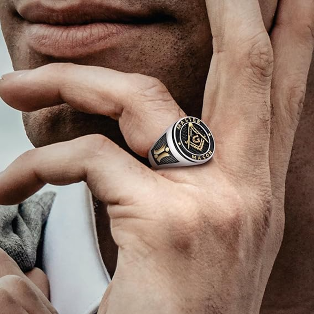 10K White Gold & Yellow Gold Freemason Signet Ring for Men-5