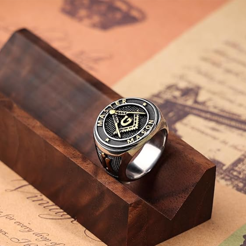 Sterling Silver Two-tone Freemason Signet Ring for Men-6