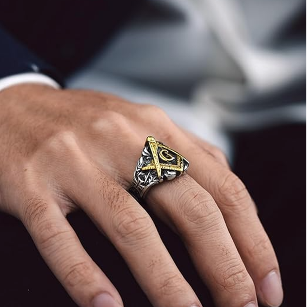 Sterling Silver Two-tone Freemason Signet Ring for Men-2