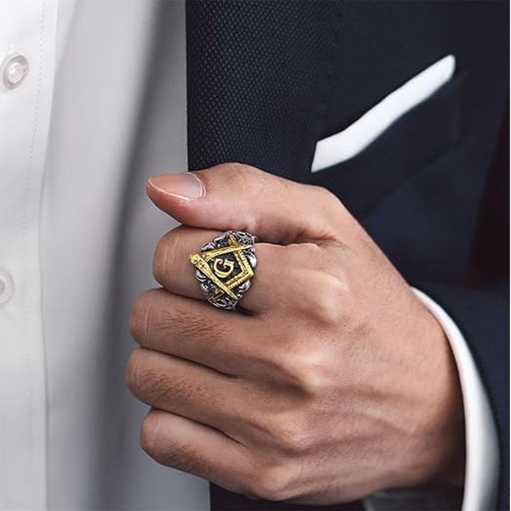Sterling Silver Two-tone Freemason Signet Ring for Men-3