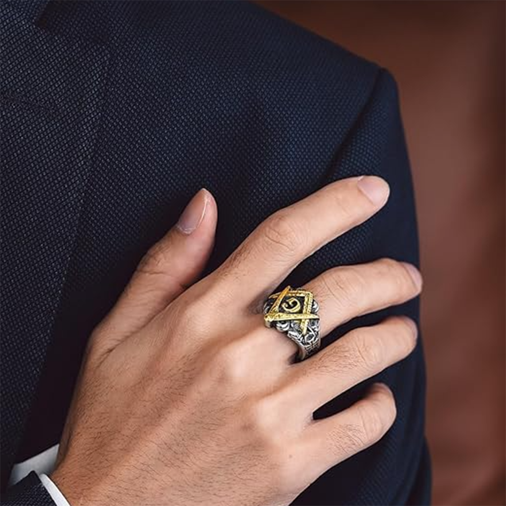 Sterling Silver Two-tone Freemason Signet Ring for Men-4