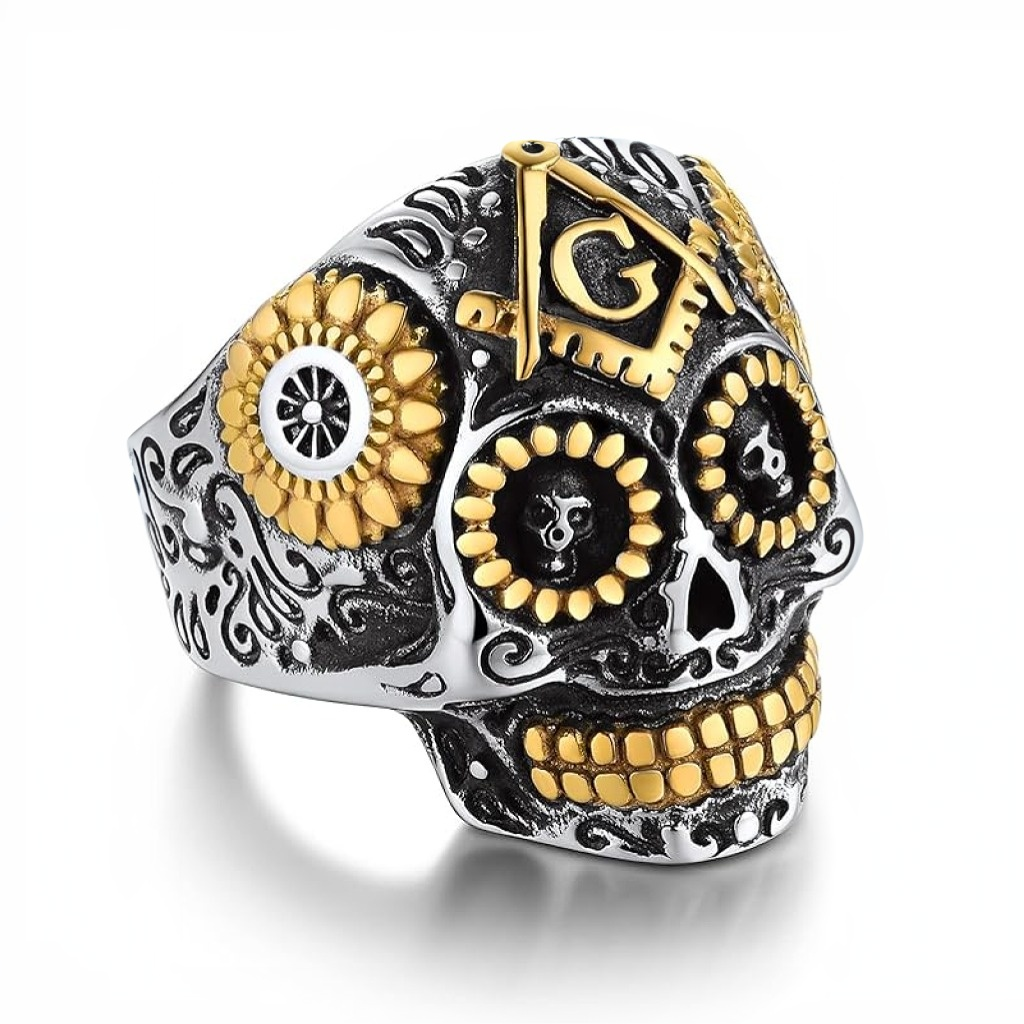 10K White Gold & Yellow Gold Freemason Signet Ring for Men-1