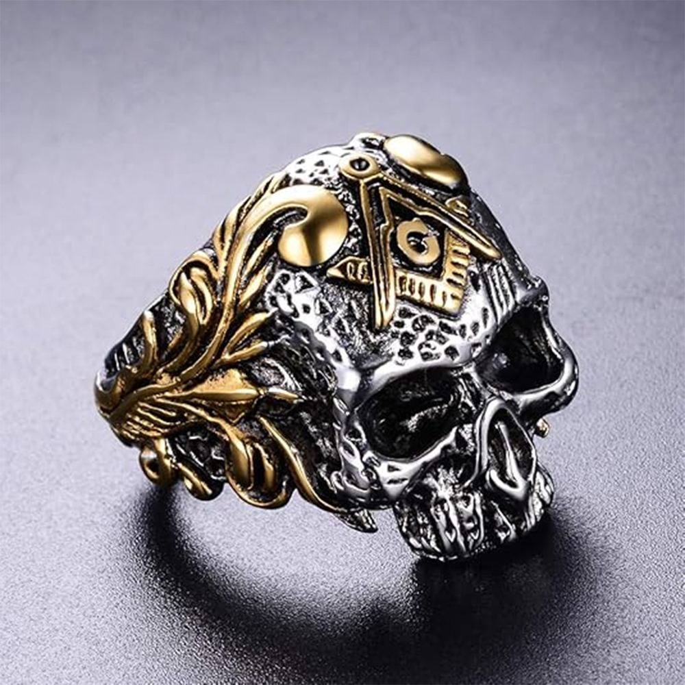 Anillo de sello de calavera masónica de oro blanco de 14 quilates y oro amarillo para hombre-4