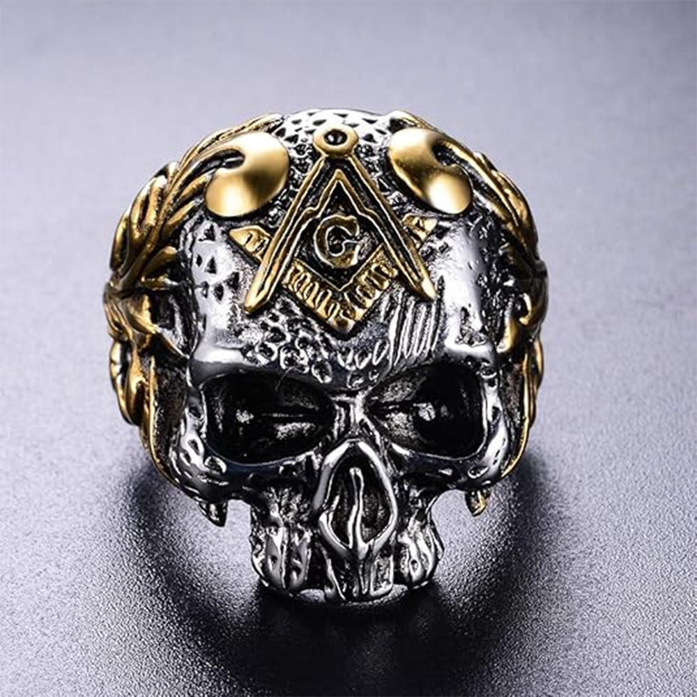 Anillo de sello de calavera masónica de oro blanco de 14 quilates y oro amarillo para hombre-5