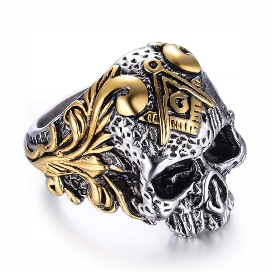 Anillo de sello masónico de calavera de plata de ley en dos tonos para hombre