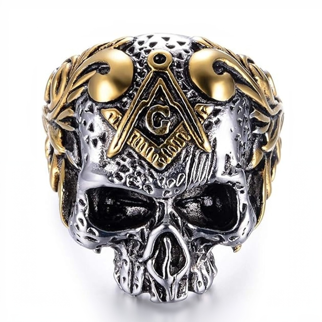 Anillo de sello de calavera masónica de oro blanco de 14 quilates y oro amarillo para hombre-3